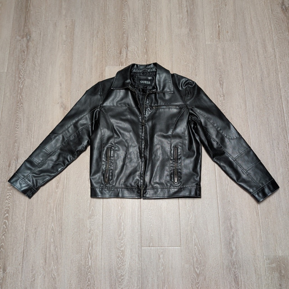 Guess Mens Black Faux Leather Moto Jacket Size Medium Biker Coat Cafe Racer